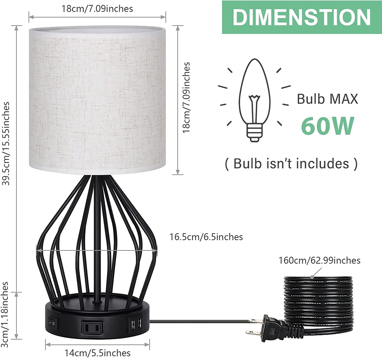 Table Lamp Set of 2, Edison Bulb Desk Lamp with 2 USB Charging Ports and AC Outlet for Dorm, Office, Bedroom, Living Room, Linen