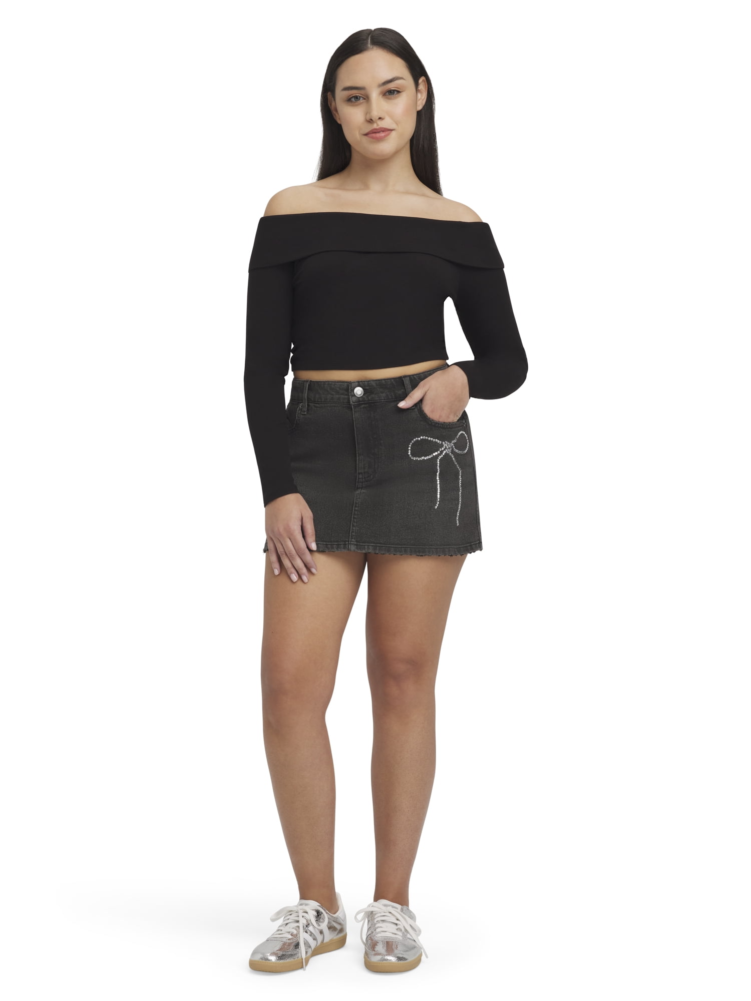 Mills by Millie Bobby Brown Women's Ribbed Off the Shoulder Long Sleeve Sweater, Sizes XXS-XXL