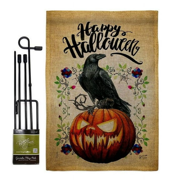 Angeleno Heritage GS130411-DB Crow & Pumpkin Falltime Halloween 13 x 18.5. in. Double-Sided Decorative Horizontal House Garden Flag Set for Decoration Banner Yard Gift