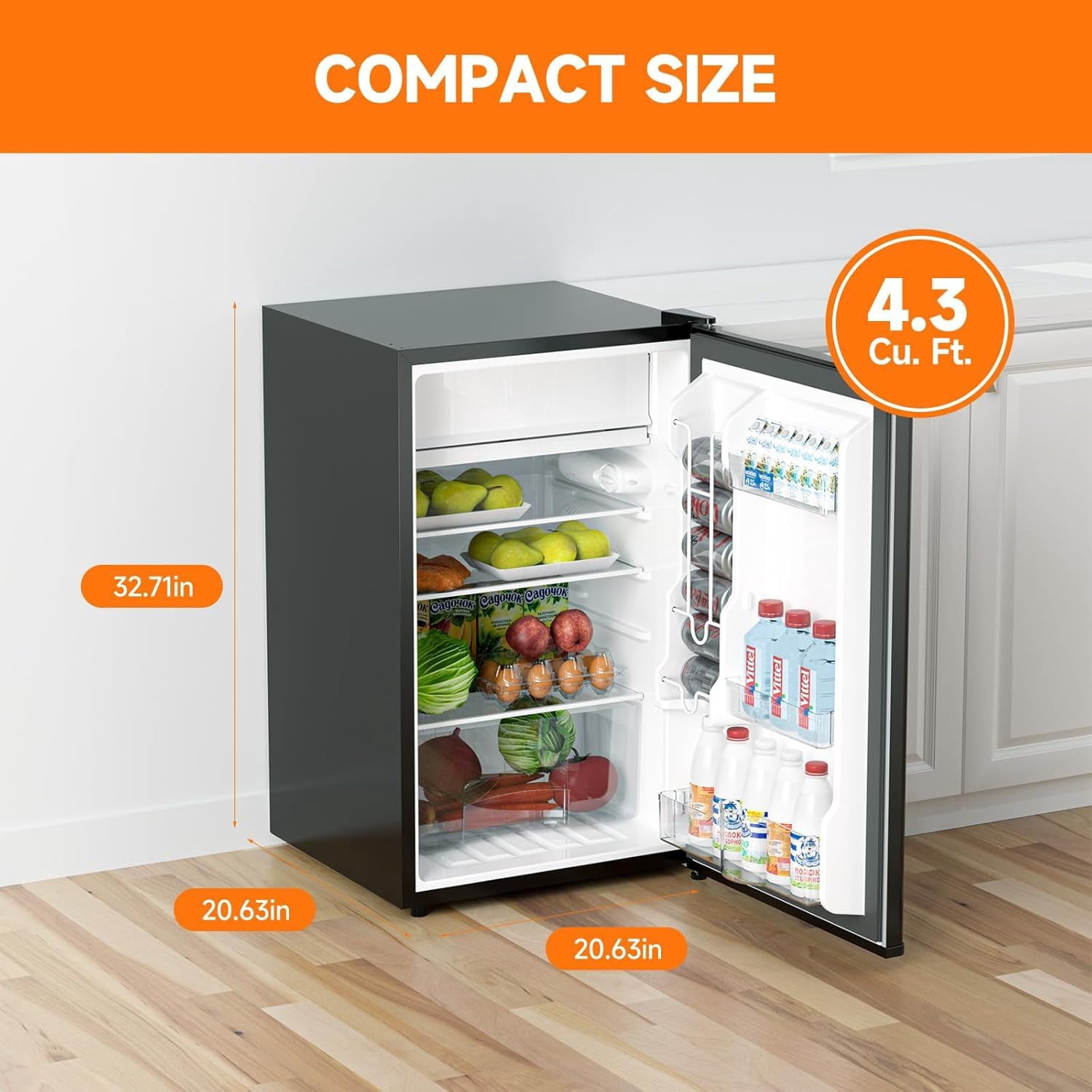 4.3 Cu.Ft Mini Fridge with Freezer, Compact Single Door Mini Refrigerator with 7-Setting Temperature Control, Removable Shelves & Crisper Drawer for Bedroom, Office, Dorm, RV