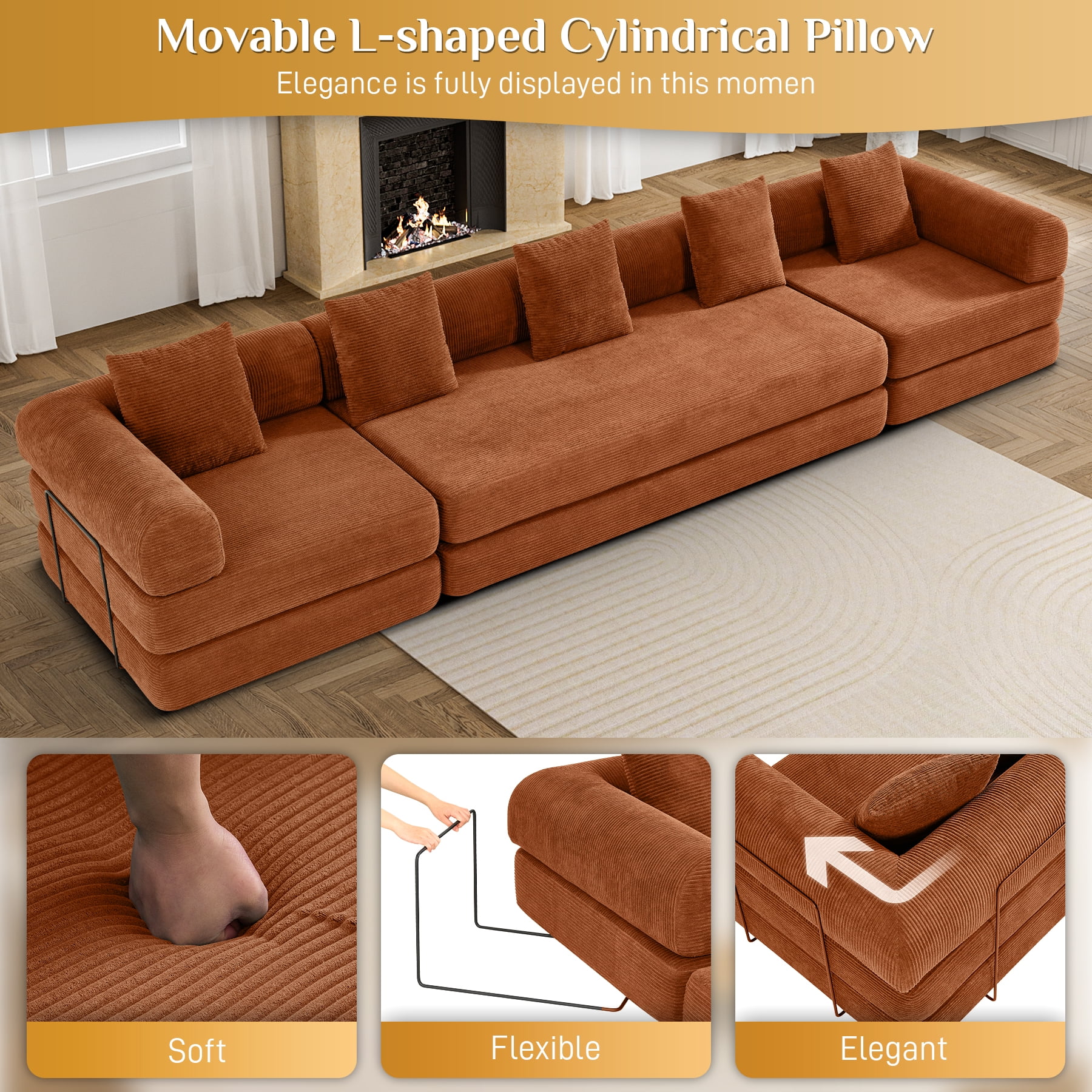 157" Convertible Sleeper Sofa Bed,Corduroy Futon Sofa Couch with High-Density Foam,Deep Seat Sofa for Living Room, Bedroom,Orange