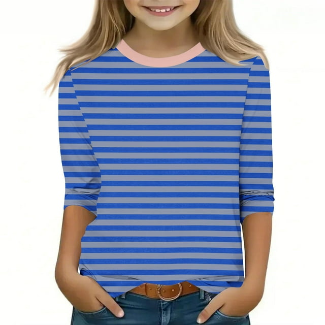 MKOSPLRT Children's Striped Tops 3/4 Sleeve Color Block T Shirts Round Neck Y2K Shirts Casual Loose Blouses Lightweight Spring Tees