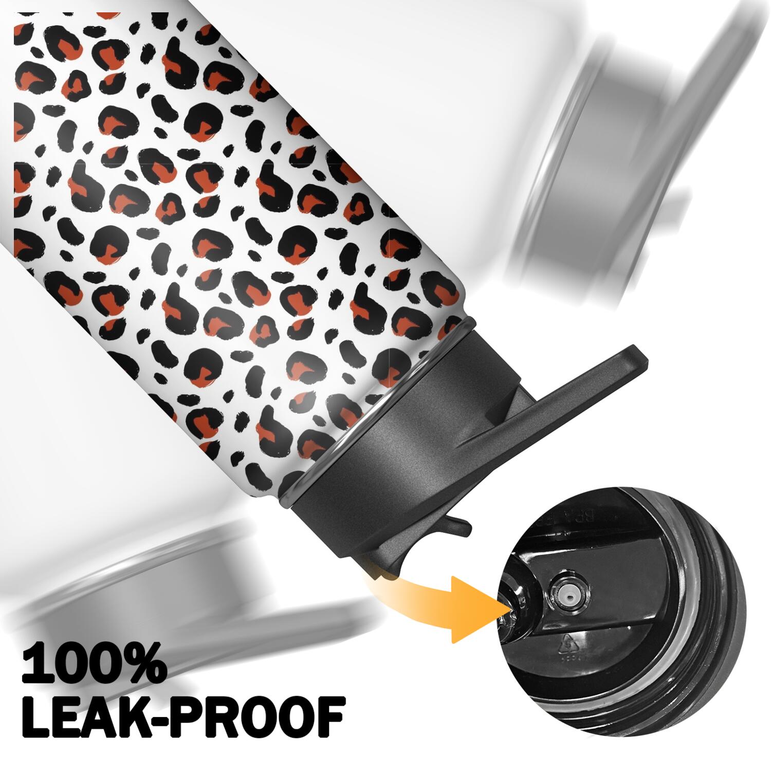 Leopard Print Insulated Stainless Steel Water Bottle with Straw & Cleaning Brush – 18 Oz | Leakproof, BPA-Free, 304 Stainless Steel, Wide Mouth, Travel Mug for Car, Gym, Office