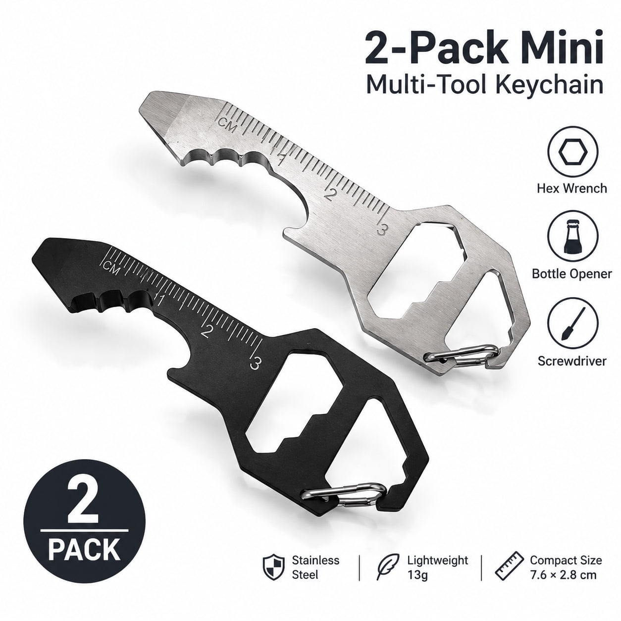 2-Pack Mini Stainless Steel Keychain Multi-Tool Hex Wrench Bottle Opener and Screwdriver EDC Tool