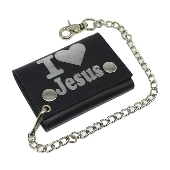 MARSHAL I Love Jesus RFID Protected Trifold Biker Men's Genuine Leather Steel Chain Wallet Snap closure I Love Jesus
