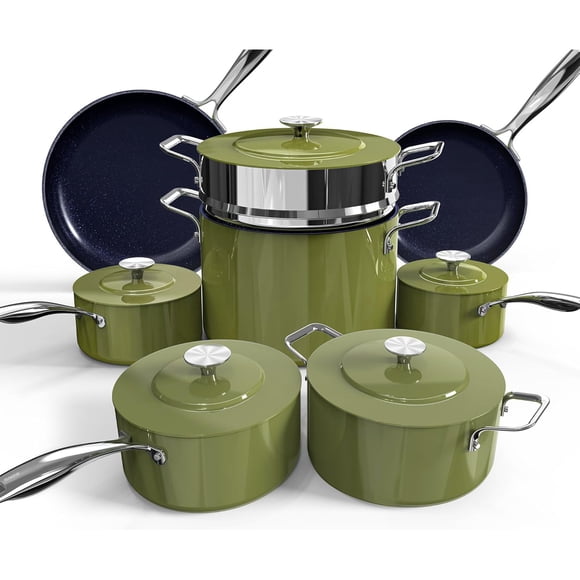 Juego de utensilios de cocina ligeros forjados Nuwave Lux de 13 piezas, libre de PFAS, con revestimiento cerámico Duralon G10 saludable, mangos ultra antiadherentes que se mantienen fríos, apto para t