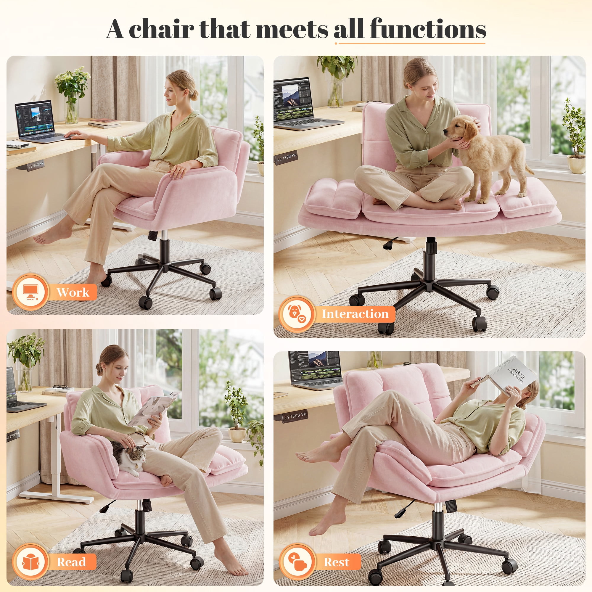 Romorgniz Criss Cross Chair with Wheels Plush Fleece Vanity Chair with 5-Gear Adjustable Armrests Ergonomic Office Chair for Home Office, Pink