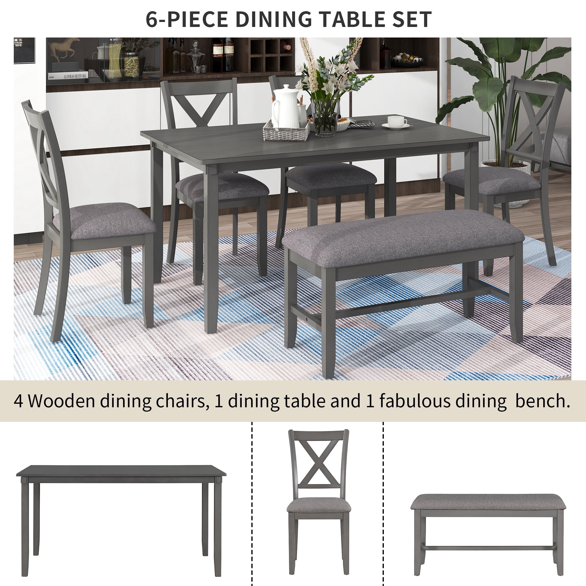 Howcool 6-Piece Kitchen Dining Set, Rectangular Wood Table, 4 Fabric Chairs & Bench, Gray