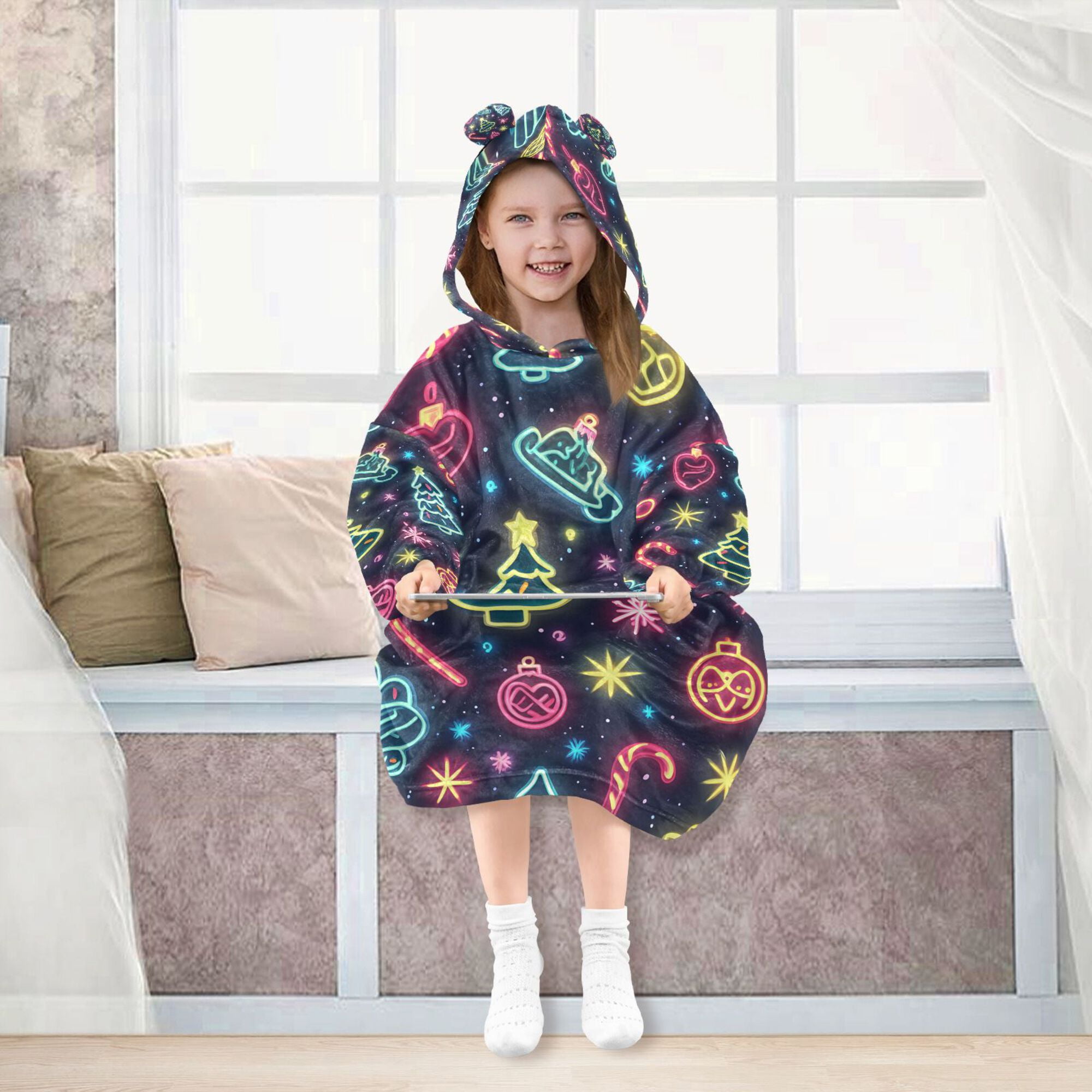 FORMRS Wearable Blanket Hoodie with Sleeves for Kids Cozy Flannel Sweatshirt, Neon Christmas