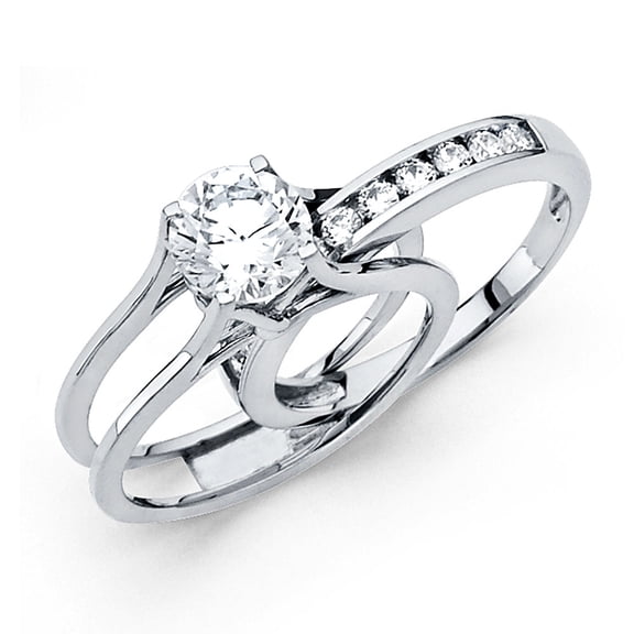 14k White Gold Round Solitaire CZ Engagement Ring & Wedding Band Set Bridal Rings Set Side Stone Size 7