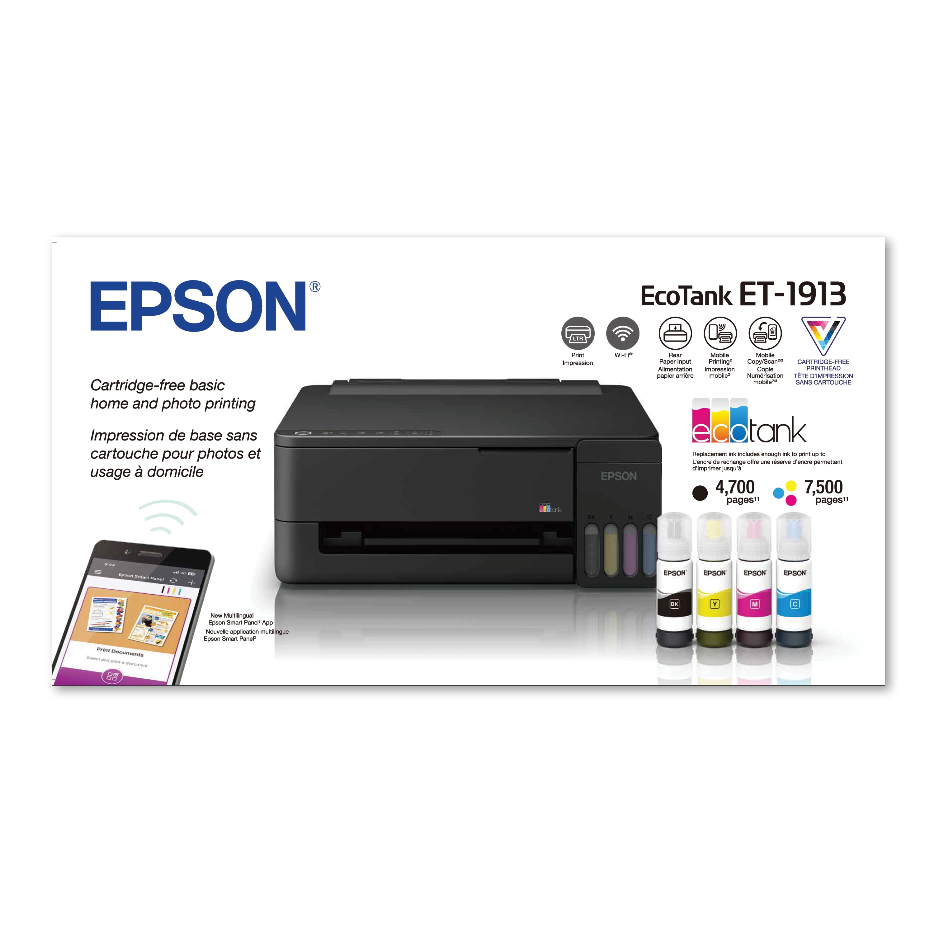 Epson EcoTank ET-1913 Wireless Color Single-Function Supertank Printer with up to 3 Years of Ink, Refillable Tanks, Perfect for Home, 11 PPM, 100-Sheet Paper Tray – Black
