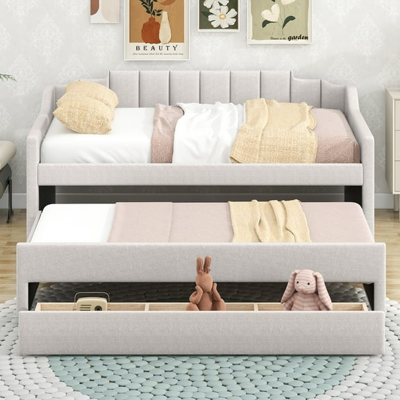 BARONAGE Twin Size Upholstered Daybed, Daybed with Three Drawers and Trundle, Beige