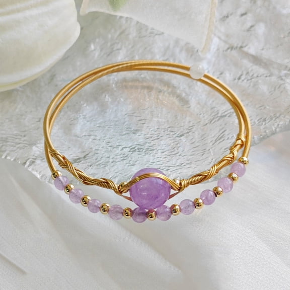 DESIGNICE Crystal Adjustable Bangle Bracelet for Women,14K Gold Plated Wire Wrapped Double Layer Cuff Bracelets,Healing Crystal Beads Gifts