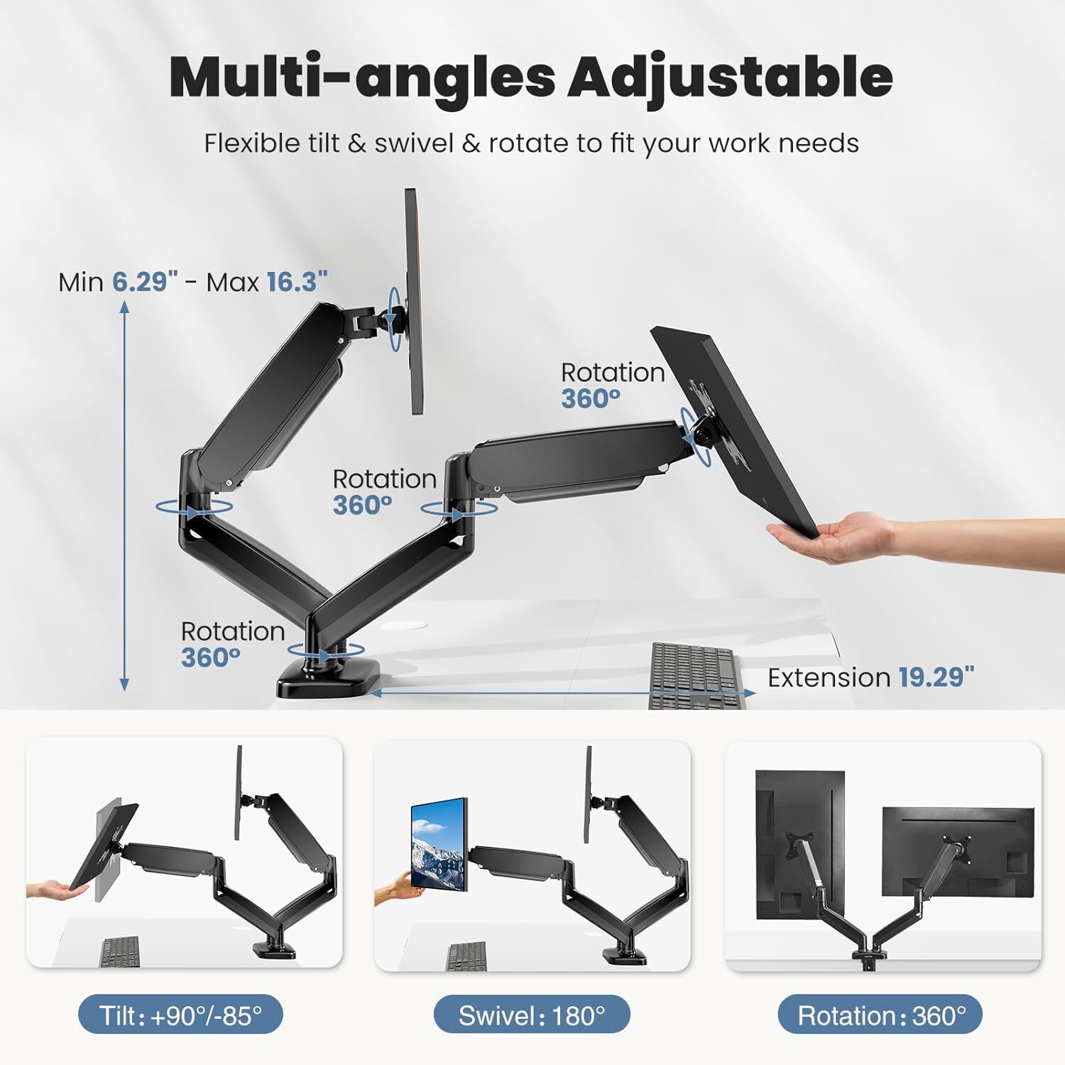 15-27" Screen Gas Spring Monitor Arm Desk Stand Dual Monitor Mount Ultra Wide