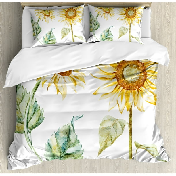 Watercolor King Size Duvet Cover Set Alluring Sunflowers Summer