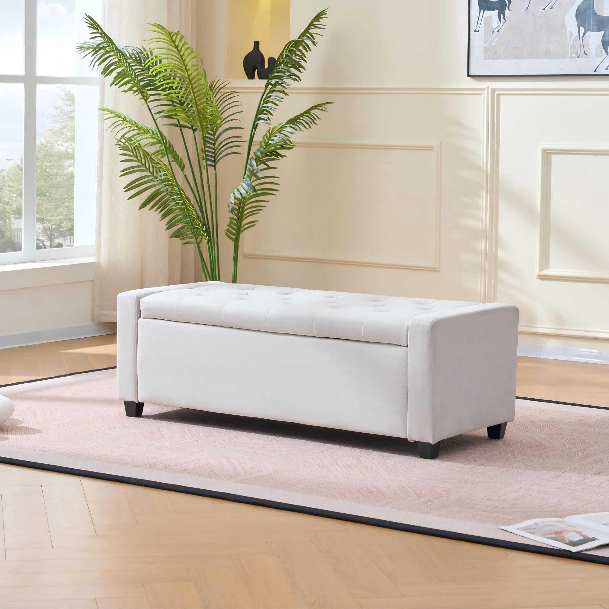 Storage Ottoman Bench with Safety Hinge, Upholstered Entryway Bench with Button Tufting, Diamond Stitching and Wood Frame, Fabric Storage Seat for Living Room and Bedroom End of Bed, 48 Inch, Beige