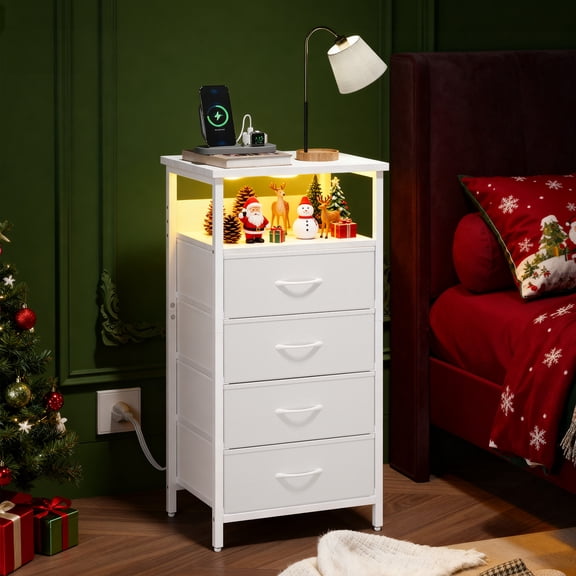 TOMNK Woo Dresser with USB Ports, 4 Fabric Drawers, Bedside Table, White