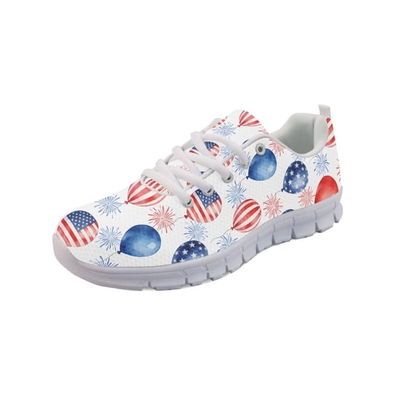 COEQINE Women Sneakers Running Walking Shoes White Sole US USA Flag Fashion Tennis Shoes for Travel Breathable Mesh Trainers Footwear for 4th of July, American Flag Balloon Fireworks