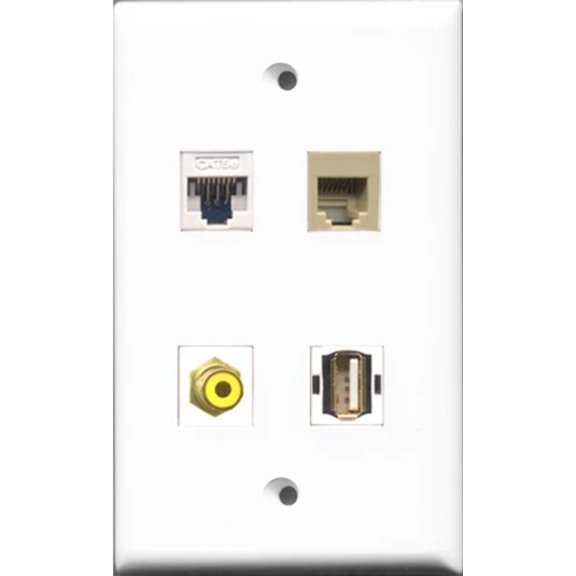RiteAV 1 Port RCA Yellow and 1 Port USB A-A and 1 Port Phone RJ11 RJ12 Beige and 1 Port Cat5e Ethernet White Wall Plate
