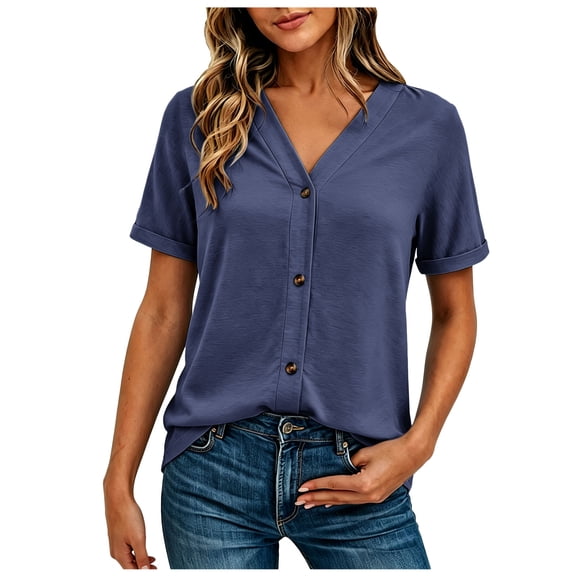 vigerkar Women's Short Sleeve V Neck Tops Casual Button Down Summer T Shirts Basic Ladies Tees (Navy, XL)