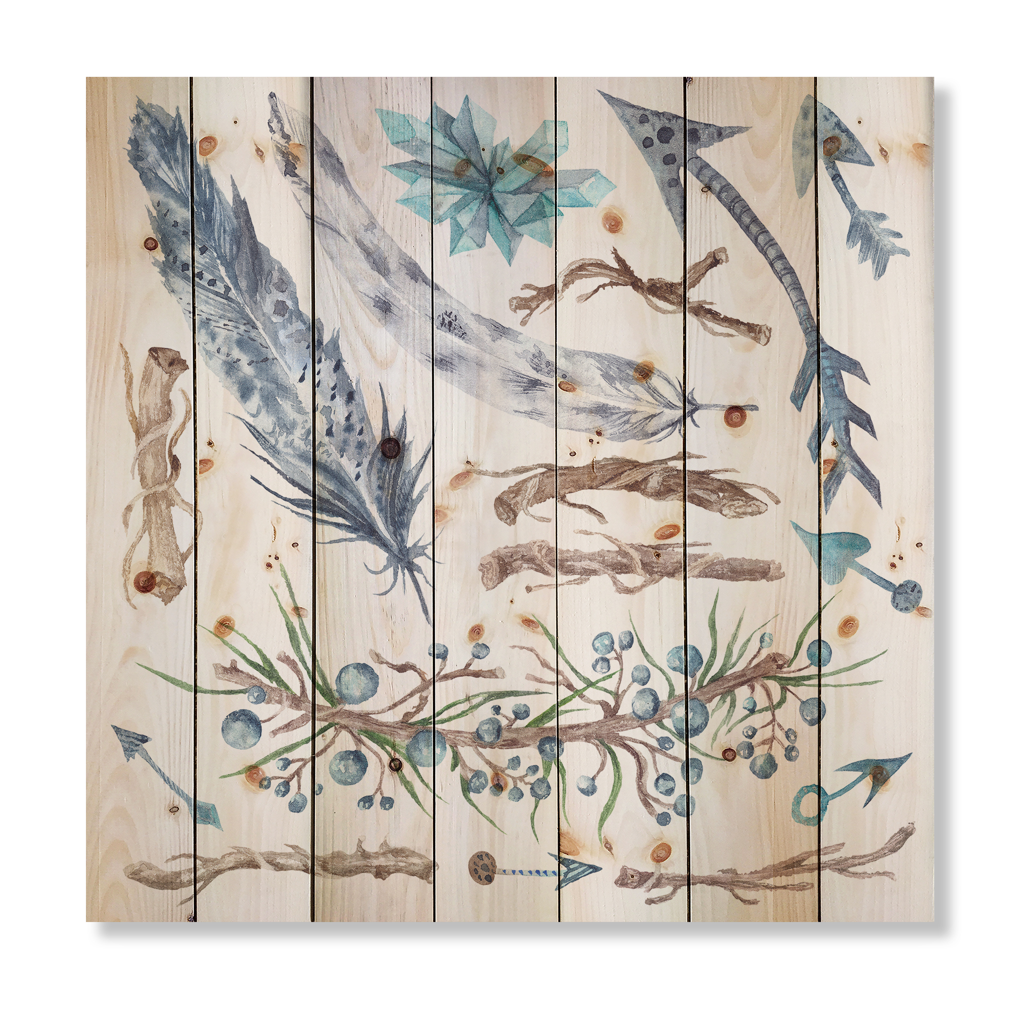 Designart 'Tribal Forest Elements' Bohemian & Eclectic Print on Natural Pine Wood