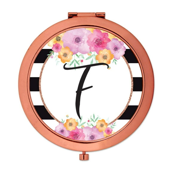 Koyal Wholesale Compact Mirror Bridesmaid's Wedding Gift, Rose Gold, Monogram Letter F, Modern Black White Stripes