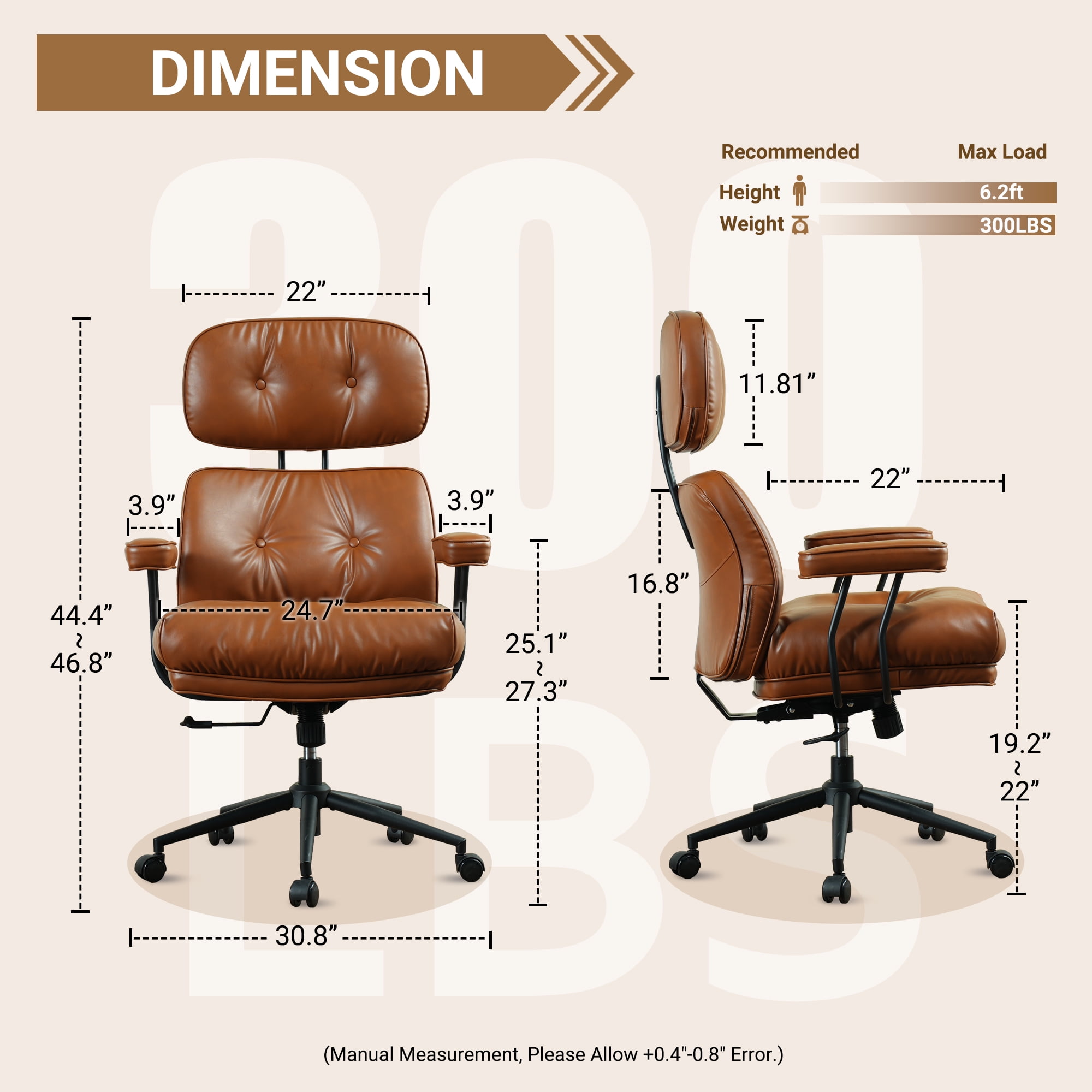 Ovios PU Leather Office Chair High Back Ergonomic Desk Chair with Lumbar Support Mid-Century Executive Computer Chair with Wheels for Home Office, Brown