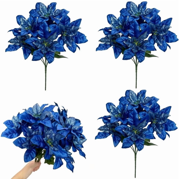 3Pcs Christmas Artificial Flowers Poinsettia Flowers 7 Heads Silk Poinsettia Christmas Floral Bouquet Winter Artificial Poinsettia Bushes Blue for Xmas Party Holiday Arrangements Decoration