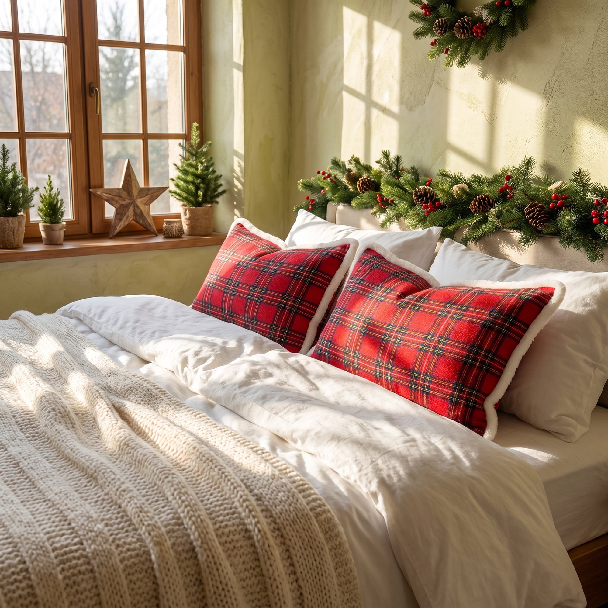 Unique Bargains Plaid Throw Pillow Covers Tartan Cushion Cases Red Plaid Fur Trim 20"x12"