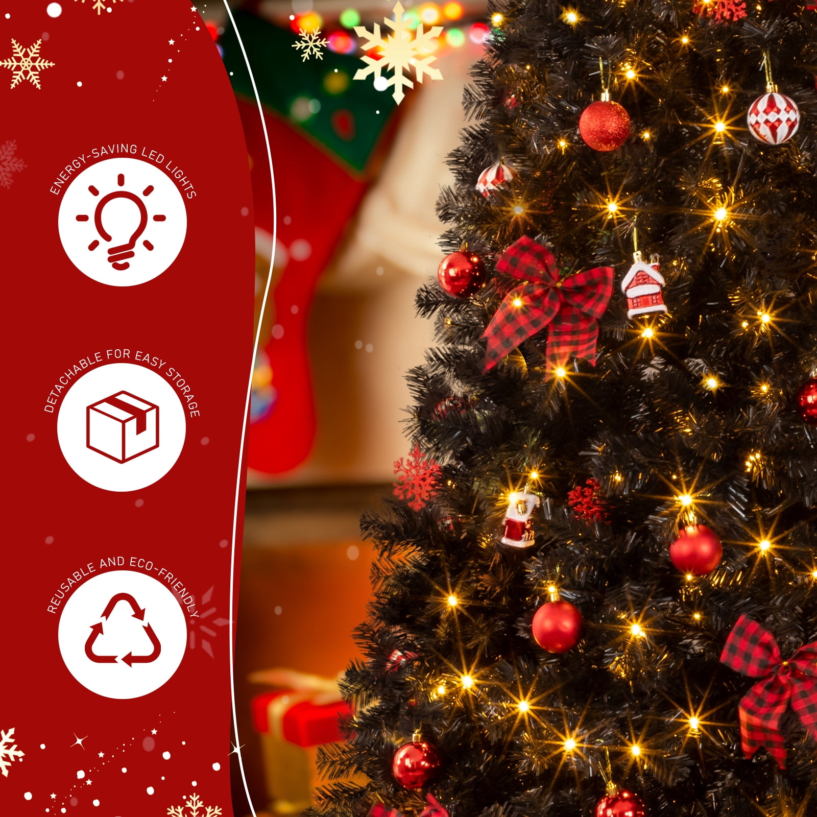 Astoutdoor 7.5 ft Black Artificial Christmas Tree with 350 Warm White LED Lights, Hinged Pine Tree, Tree Skirt and Red Ornaments