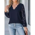 thumbnail image 5 of Women Lace Elegant Blouse Long Sleeve Eyelet V Neck Dressy Party Floral Tops Scalloped V Neck Navy Blue XXL, 5 of 9