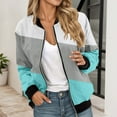 thumbnail image 2 of Bomber Jacket Coats for Women Color Block Zip Up Long Sleeve Stand Collar Windbreaker Fall Fashion Work Outerwear with Pockets, 2 of 5