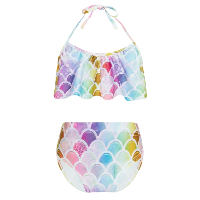 TiaoBug Girls 2 Pcs Mermaid Bikini Sets Shiny Halter Ruffles Crop Top with Triangle Brief Bathing Suit Tankini Colorful B 150
