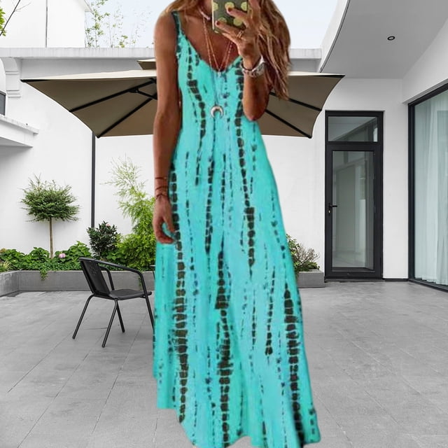 Vestido Suspendido Vestido largo bohemio con tirantes Vestido con tirantes de playa con estampado de columpio grande (Azul M) Cgtredaw Para estrenar