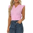 thumbnail image 1 of Blusa de mujer con volantes de cuadros Gingham Inspire Chic, cuello en V, manga corta, talla XL, color rosa, 1 of 6