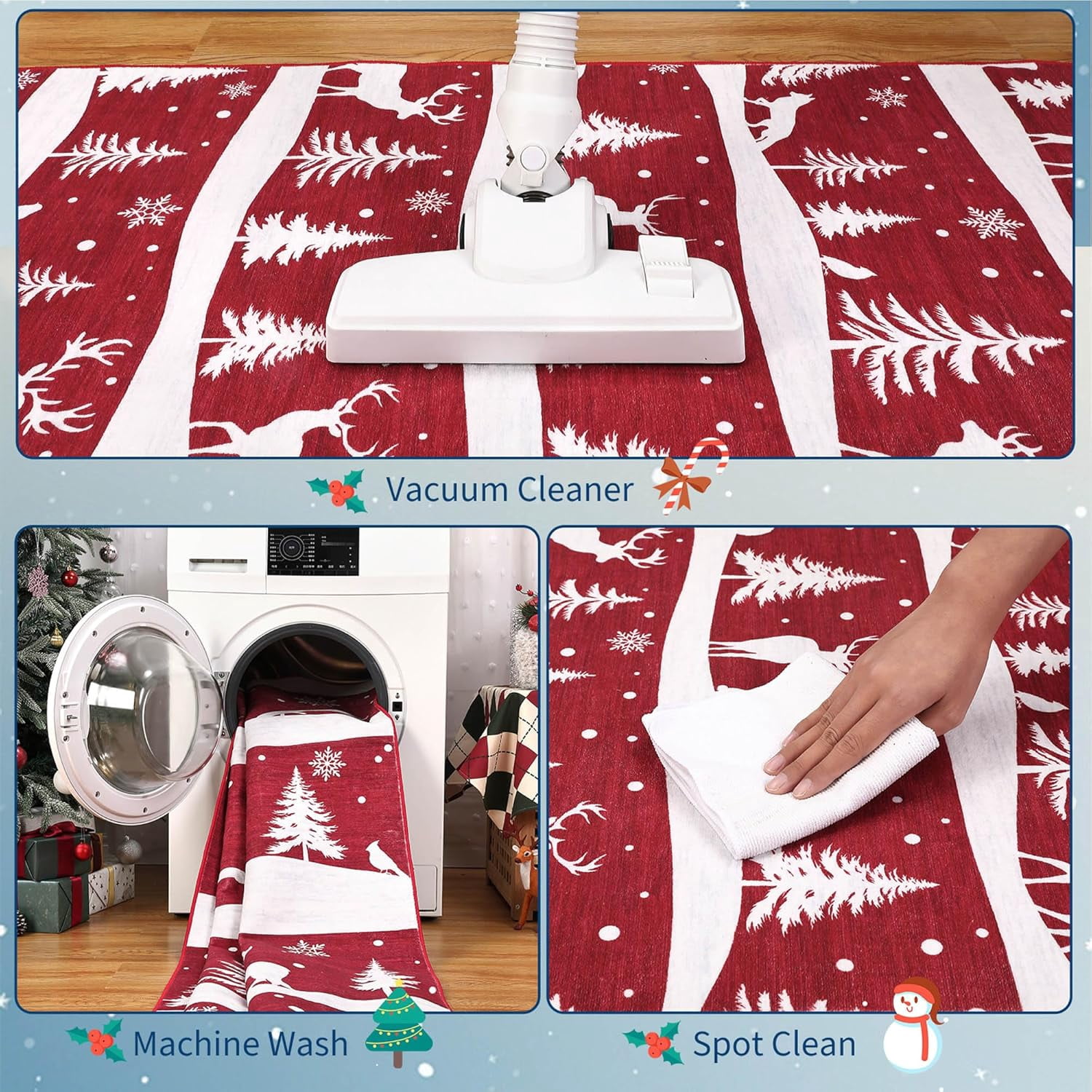 Garvee 6x9 ft Christmas Rug, Washable Non Slip Low Pile Carpet, Xmas Tree Reindeer Snowflake Indoor Rug for Entryway, Kitchen, Living Room, Red