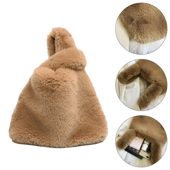 FELTECHELECTR 1Pcs Tote Purse for Teens Khaki Plush 9.8x11.4x1.6in