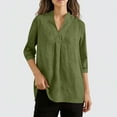 thumbnail image 6 of Stamzod Summer Tops for Women Trendy Solid Color V Neck 3/4 Length Sleeve Blouses Vacation Casual Cotton Linen Shirts for Women Army Green-1 S, 6 of 8