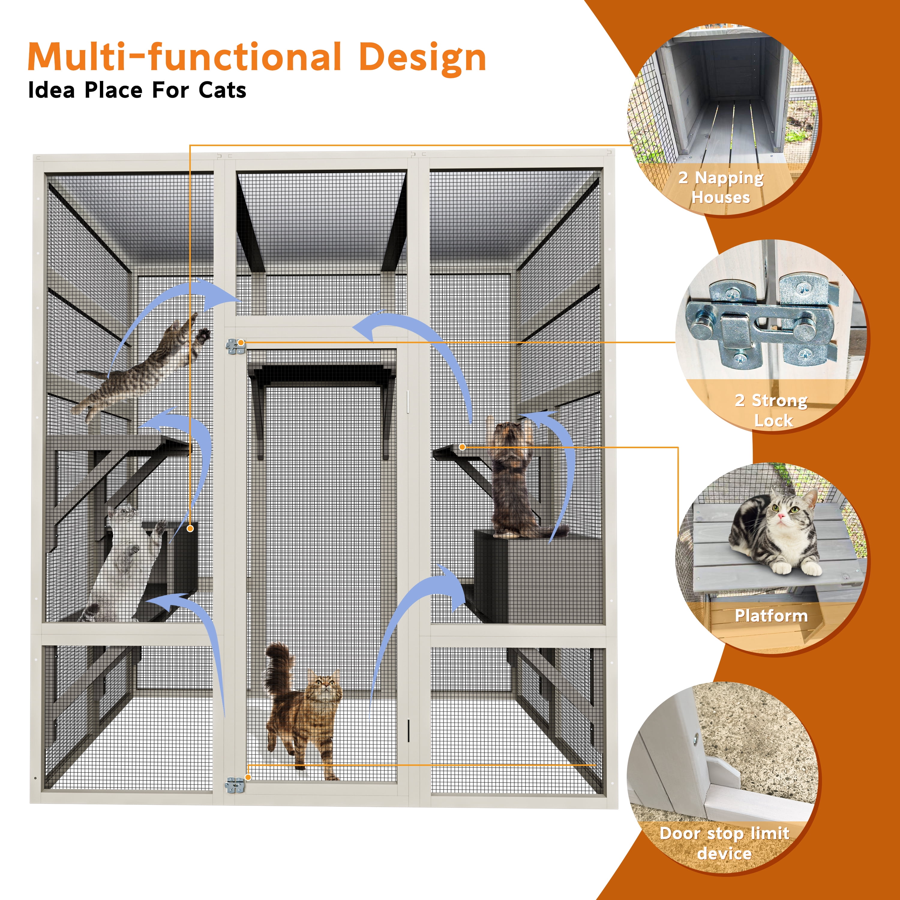 Catio Outdoor Cat Enclosure, large Indoor Wooden 70" Cat House cage with Waterproof Roof & Window Door for Multiple Cats, 2 Napping Houses & 5-Tier Playing Platforms, Gray
