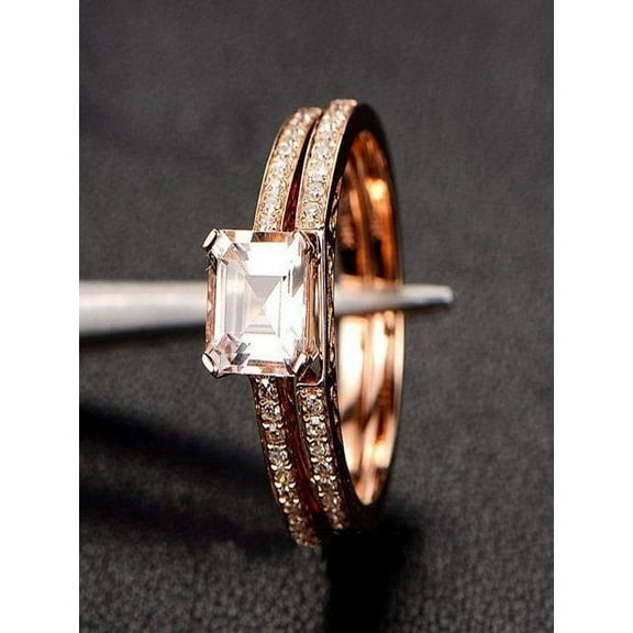 Limited Time Sale 1.50 carat Princess Cut Morganite and Diamond Bridal Wedding Ring Set in Rose Gold: Bestselling Design