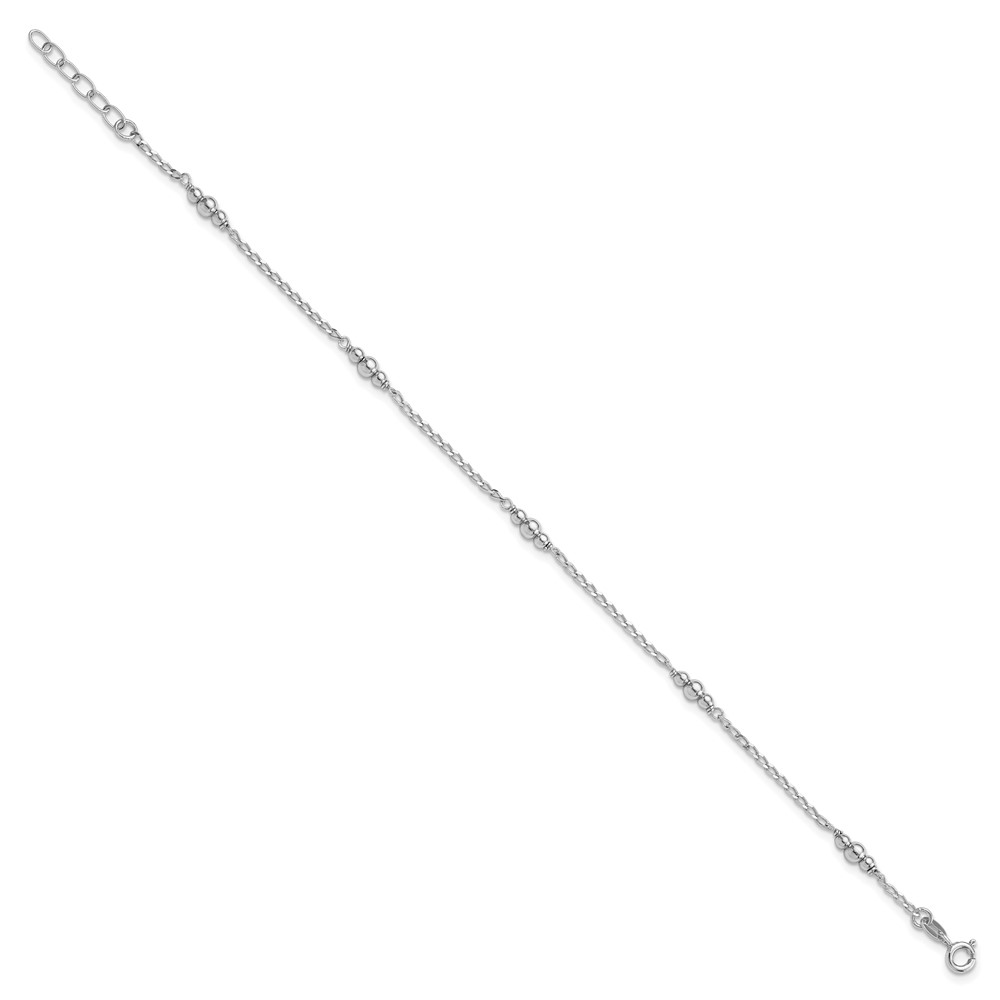 Sterling Silver Rhodium-plated Polished Beaded 9in Plus 1 in ext Anklet