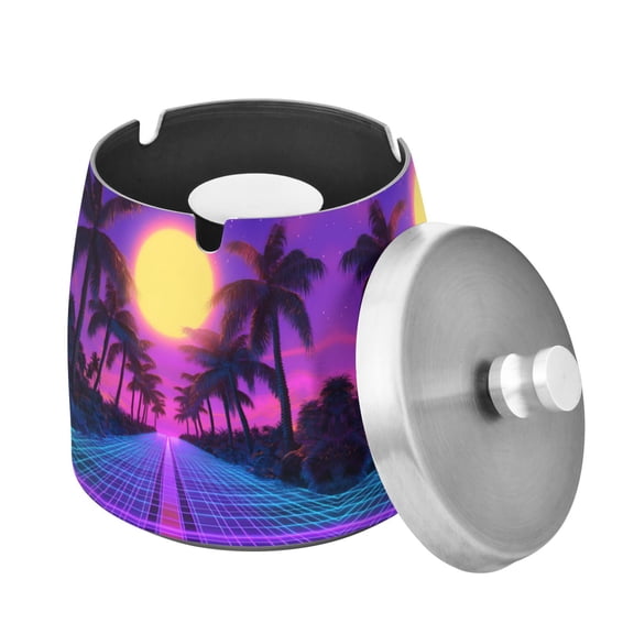 Yayeee Ashtray with Lid for Cigarette Smokeless Stainless Steel Home Ash Holder, Purple Neon Road