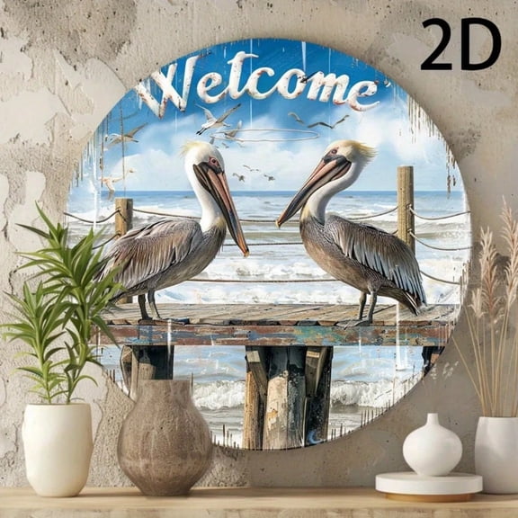 HELLOYOUNG Vintage Pelican Metal Sign Pre-Drilled Round Aluminum Wall Art Outdoor Garden Decor for Home Living Room