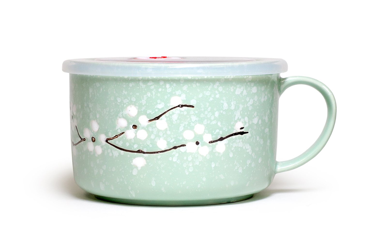 Microwavable Ceramic Noodle Bowl with Handle and Seal Sakura Snow Flake