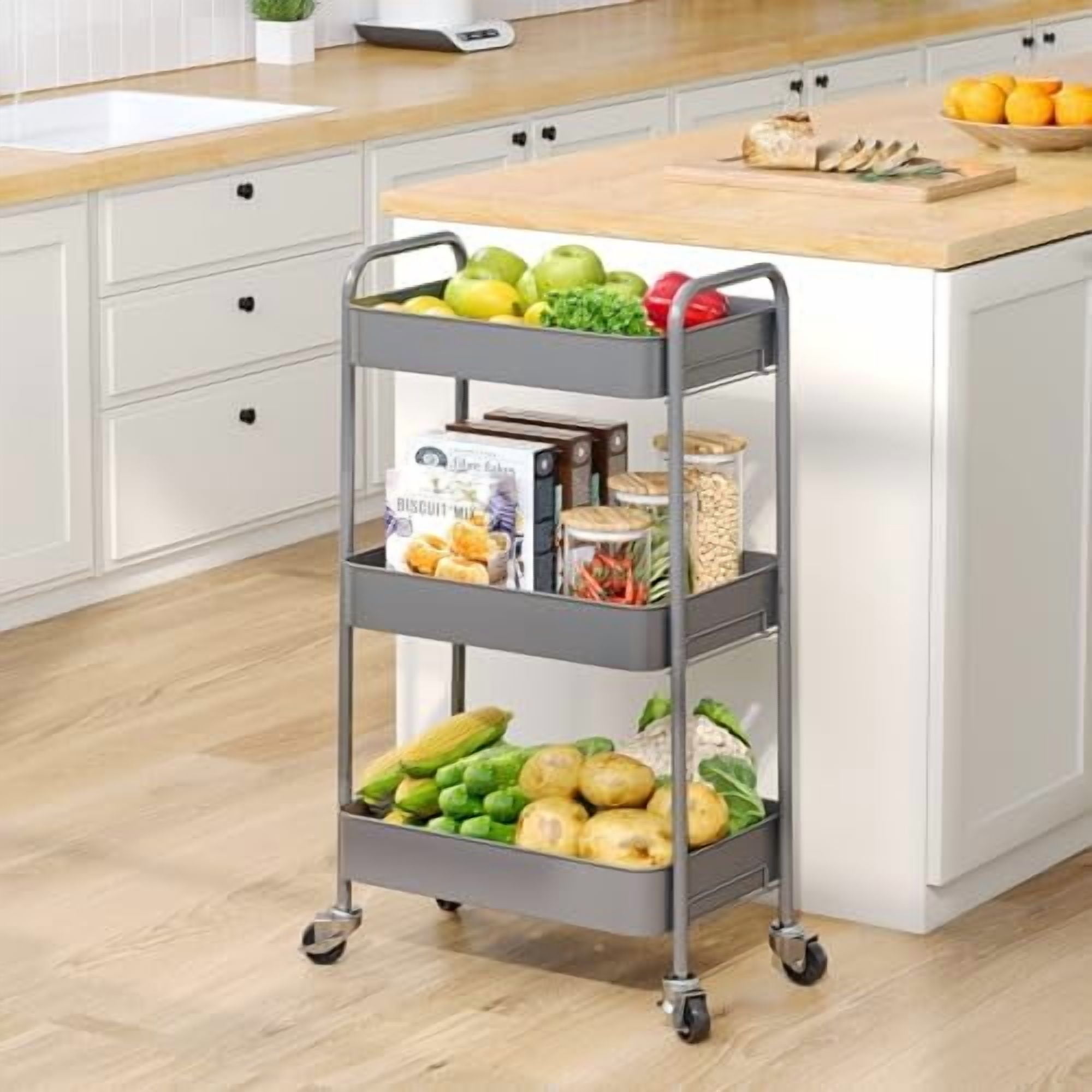 3-Tier Metal Rolling Cart with Wheels, Storage Utility Organizer Cart for Kitchen, Bathroom, Office, Baby Essentials & Makeup - Lockable Casters, Easy Assembly, Large Capacity, Gray