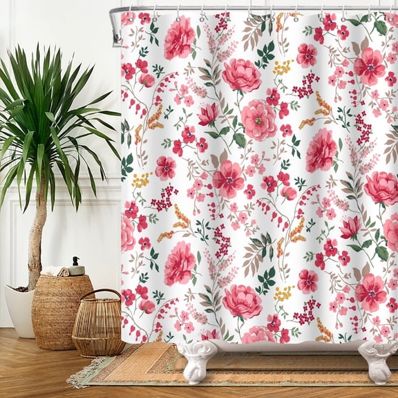 MIZHONA Pink Floral Shower Curtain Spring Wildflowers and Herbs Waterproof Fabric Bathroom Curtain 72x72 in