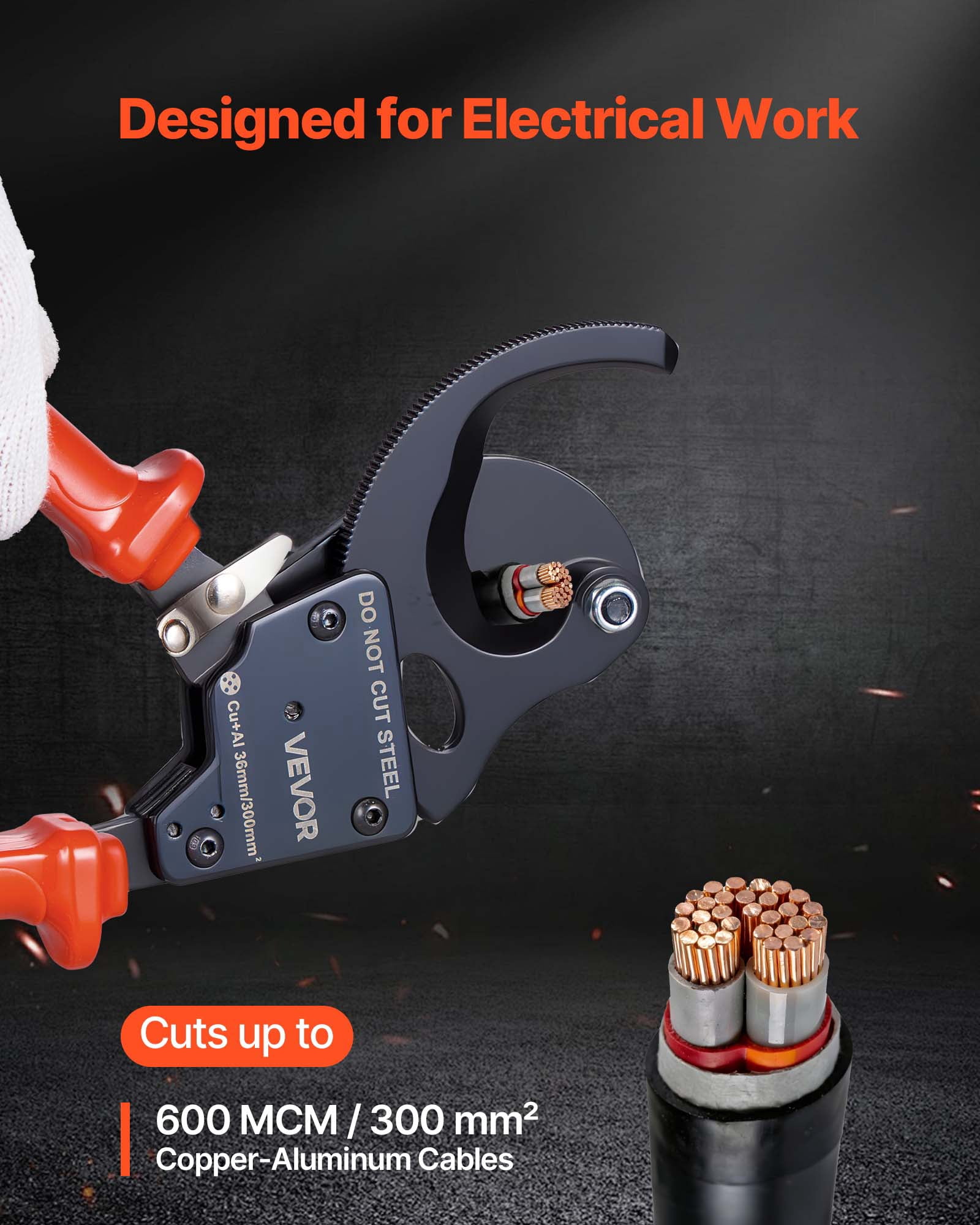 VEVOR Ratcheting Cable Cutter, Spring Steel Blades with PVC-Coated Handles, Quick-Release Button, Heavy Duty Ratchet Cable Wire Cutter for Cutting Copper & Aluminum Cables Up to 600 MCM / 300 mm²