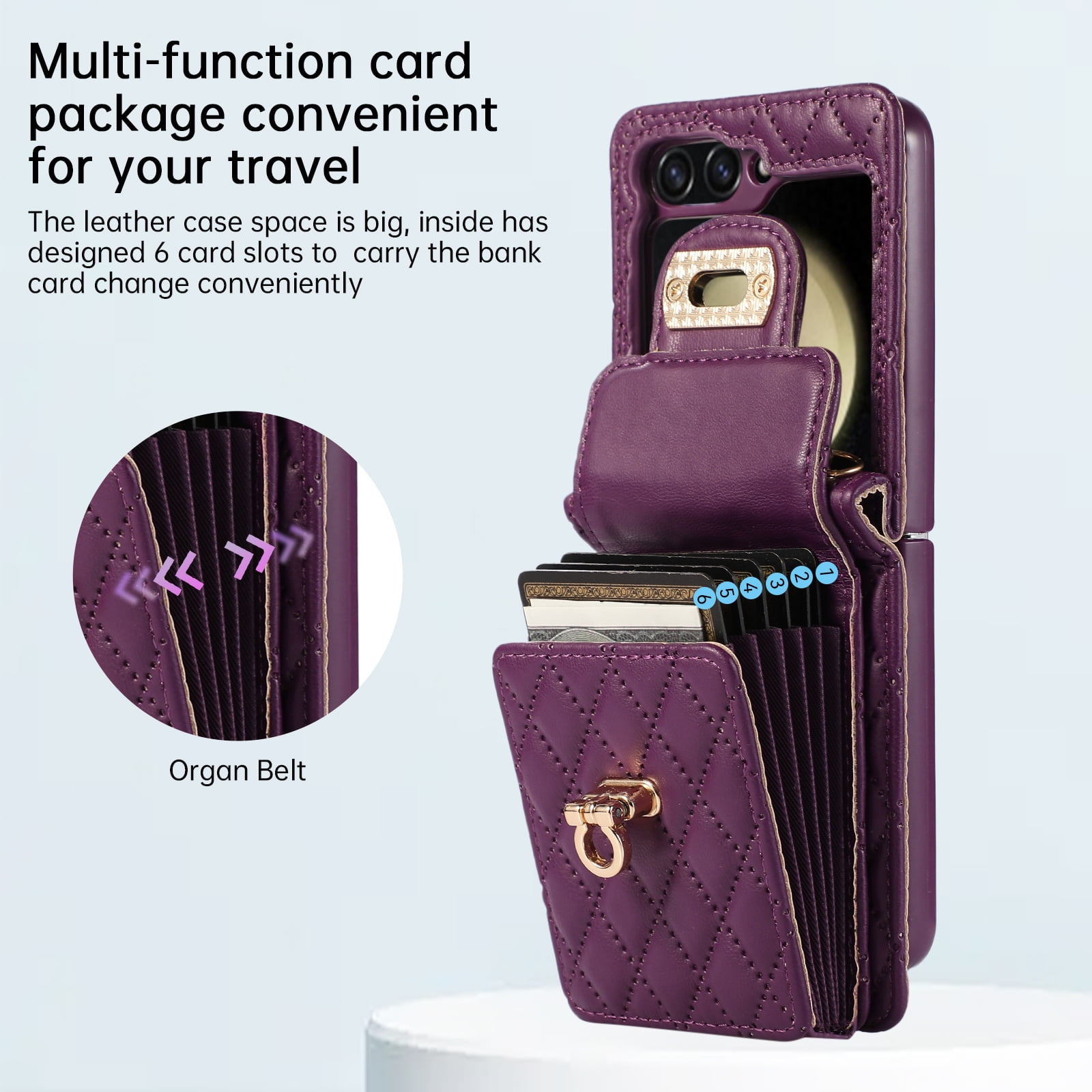 Decase For Samsung Galaxy Z Flip 5 5G Leather Wallet Case, PU Leather Shockproof Case with Crossbody Strap, Back Built in Stand Wallet Credit Card Holder Slots Phone Cover,Deep Purple