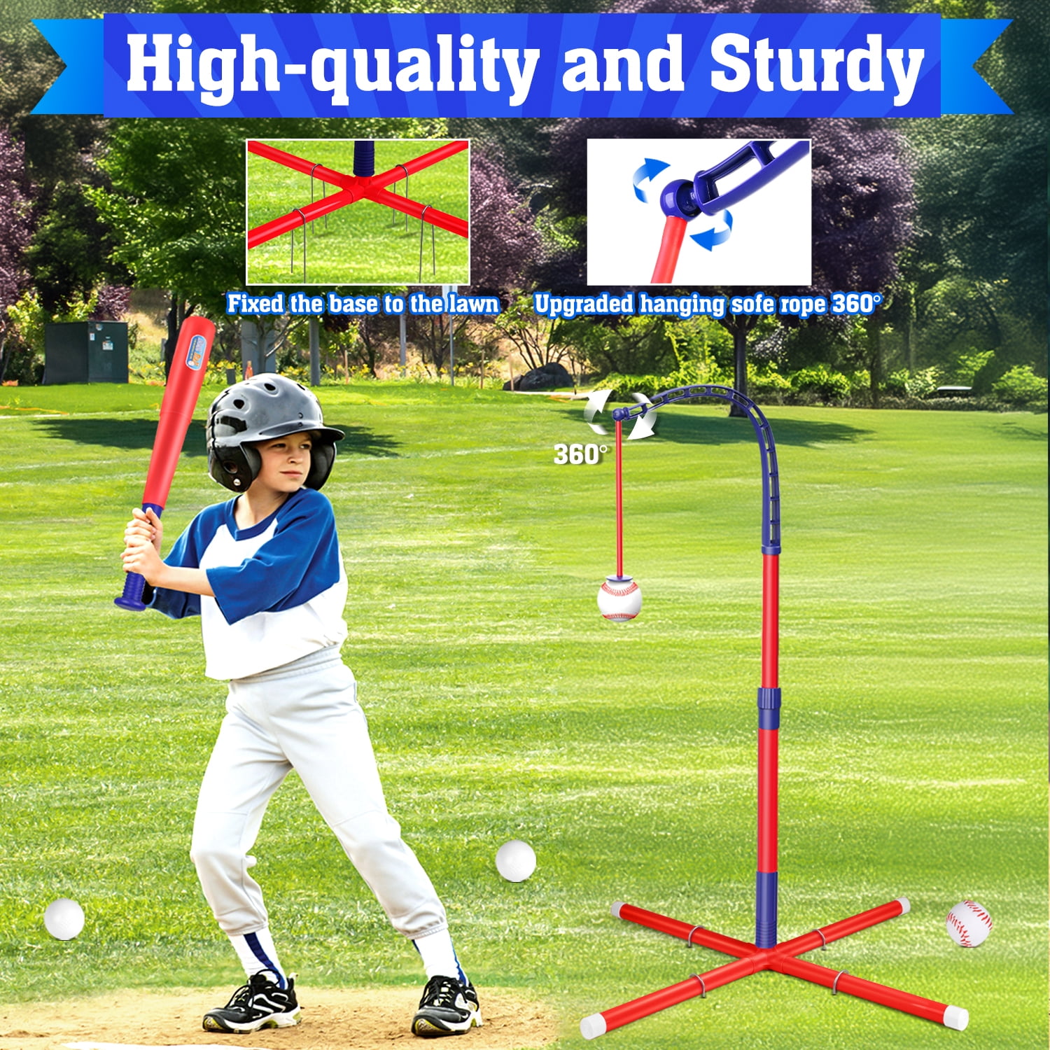 Beefunni 3-in-1 Baseball Set for Toddlers Kids 3-8 - Tee Ball Stand, Hanging Tee, Ball Launcher and 6 Baseballs -  Indoor/Outdoor Sport Gifts for Boys (Red&Blue)