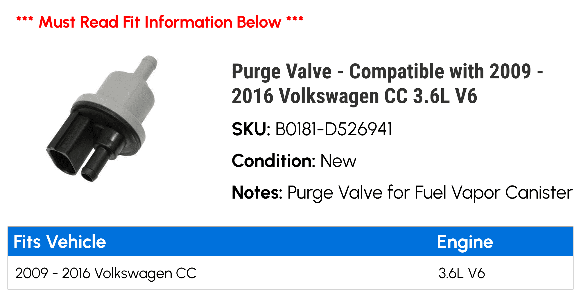Purge Valve - Compatible with 2009 - 2016 Volkswagen CC 3.6L V6 2010 2011 2012 2013 2014 2015